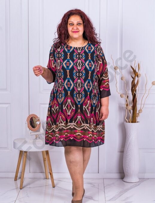 Rochie maxi plisata din sifon multicolor-negru cod 8052-9