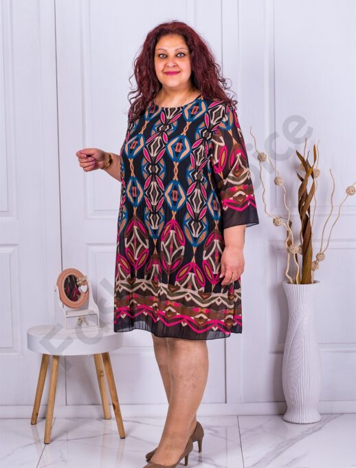 Rochie maxi plisata din sifon multicolor-negru cod 8052-9
