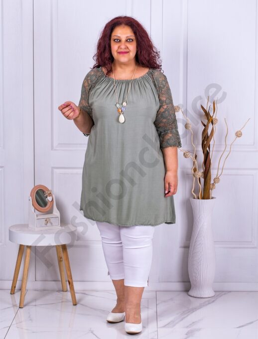 Tunica maxi in clos cu maneci din dantela-kaki cod 22769-4