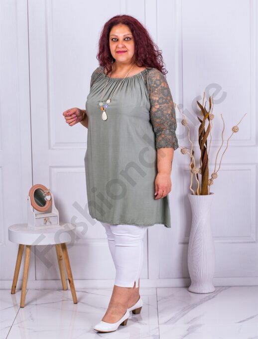 Tunica maxi in clos cu maneci din dantela-kaki cod 22769-4