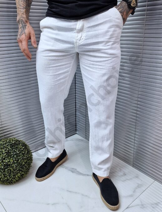 Pantalon Italian din in cu buzunare-alb cod 7269-2