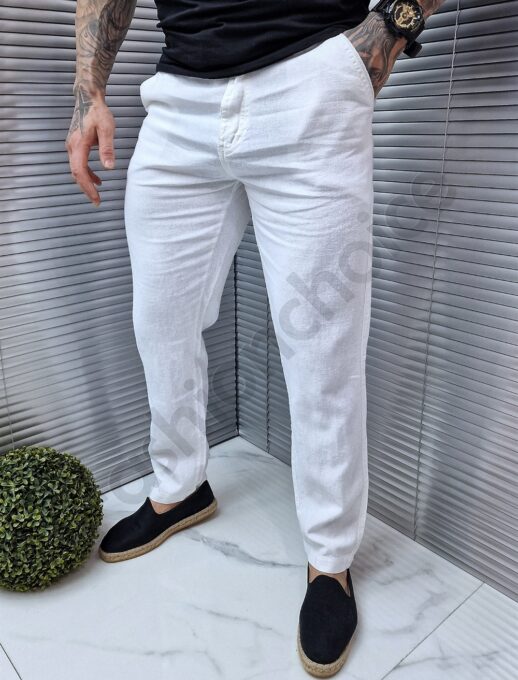 Pantalon Italian din in cu buzunare-alb cod 7269-2