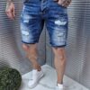 Blugi scurti cu efect rupt si curea in talie-albastru cod 7909