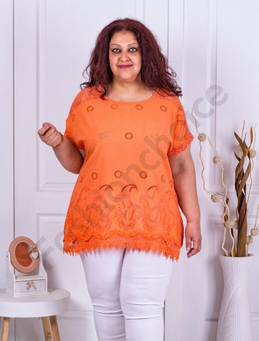 Tunica maxi cu broderie englezeasca si bordura din dantela-orange cod 9151-4