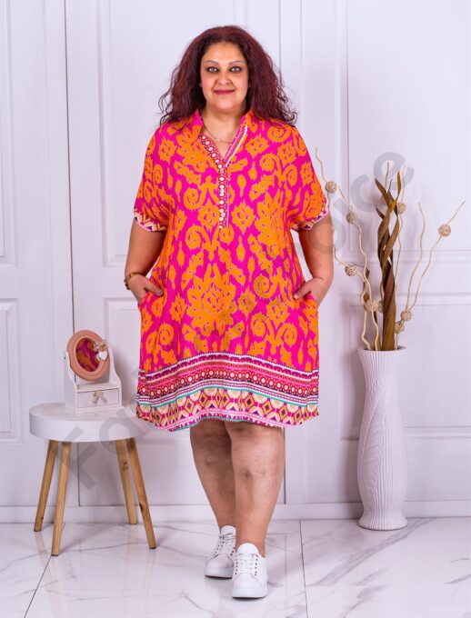 Rochie sport-elegant cu elemente multicolor-fucsia/orange cod 3523-2