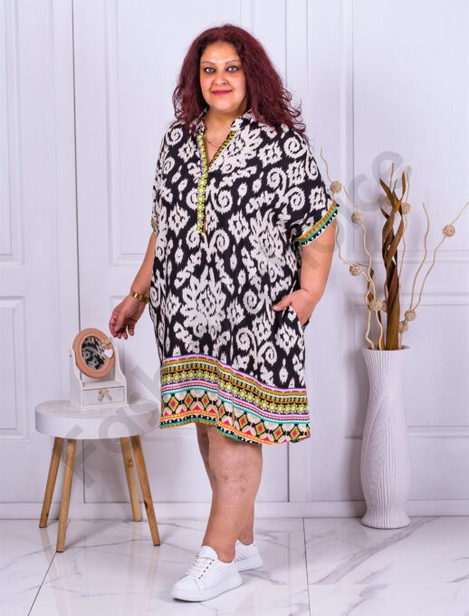 Rochie sport-elegant cu elemente multicolor-negru/ecru cod 3523-1