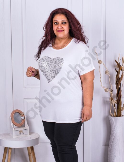 Bluza maxi cu aplicatie inima-alb cod 9826-1