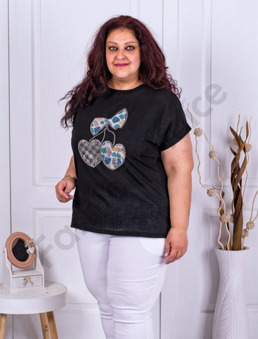 Bluza maxi cu aplicatie inimi din paiete multicolor-negru cod 2663