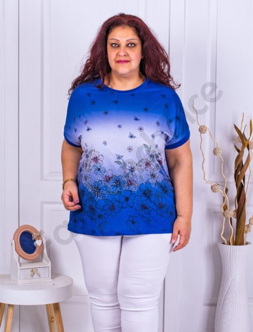 Bluza maxi cu imprimeu in degrade si print floral-albastru regal cod 2678-3