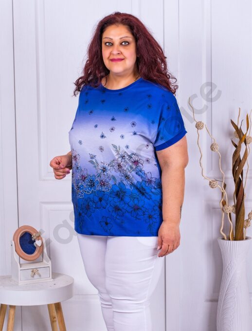 Bluza maxi cu imprimeu in degrade si print floral-albastru regal cod 2678-3