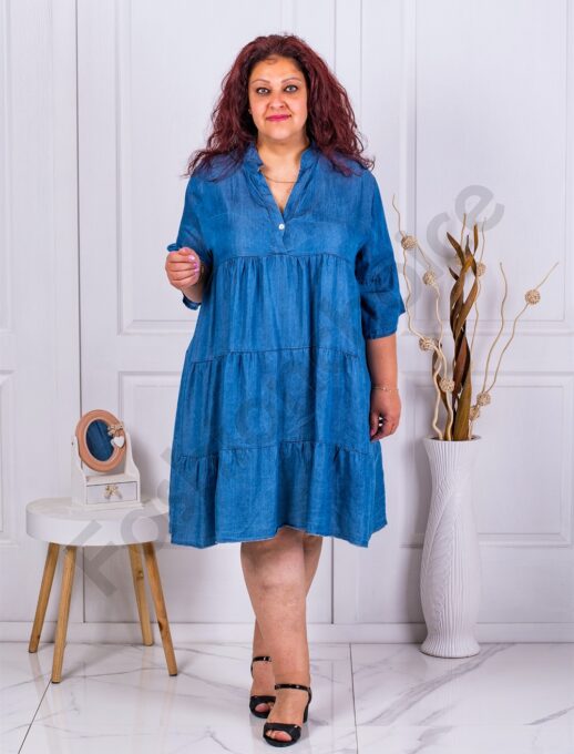 Rochie maxi din denim cu volane-albastru cod 23982