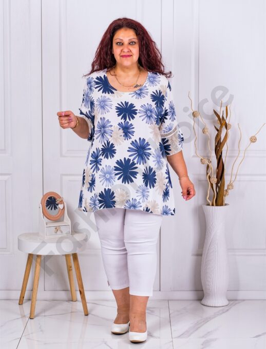 Tunica maxi cu model floral de crizanteme-albastru inchis cod 2907-2