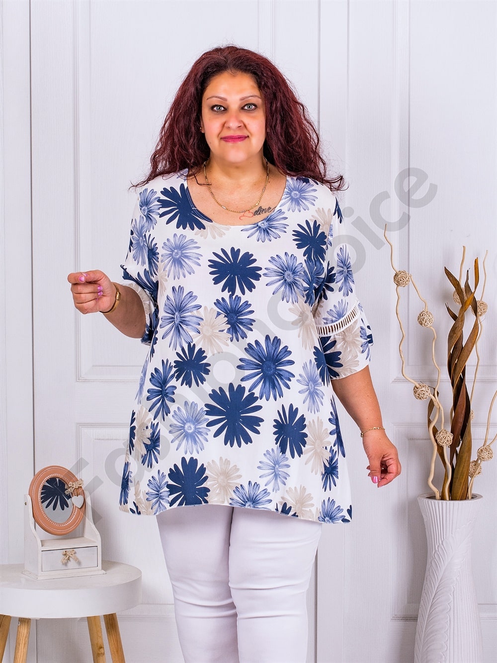Tunica maxi cu model floral de crizanteme-albastru inchis cod 2907-2