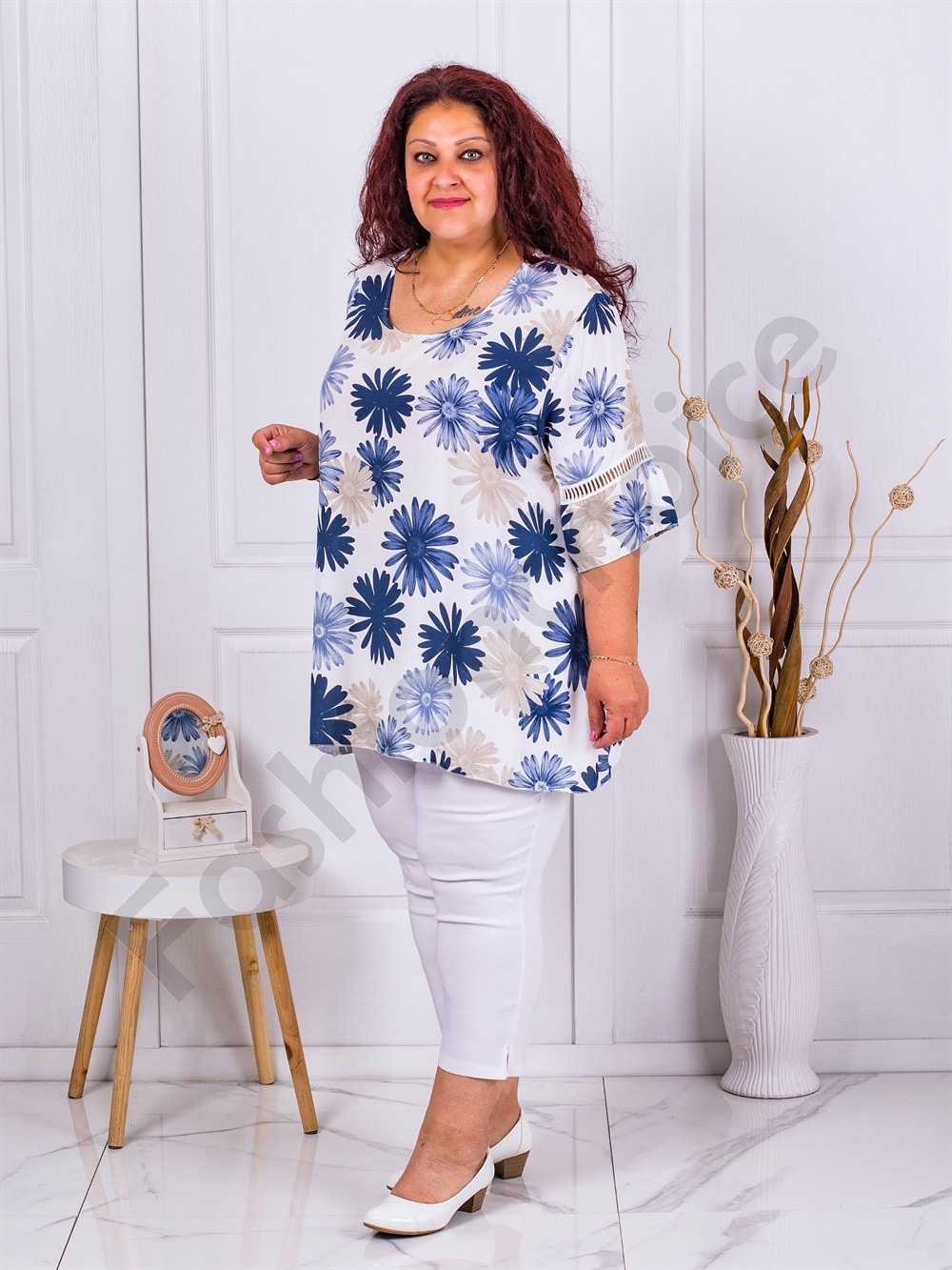 Tunica maxi cu model floral de crizanteme-albastru inchis cod 2907-2