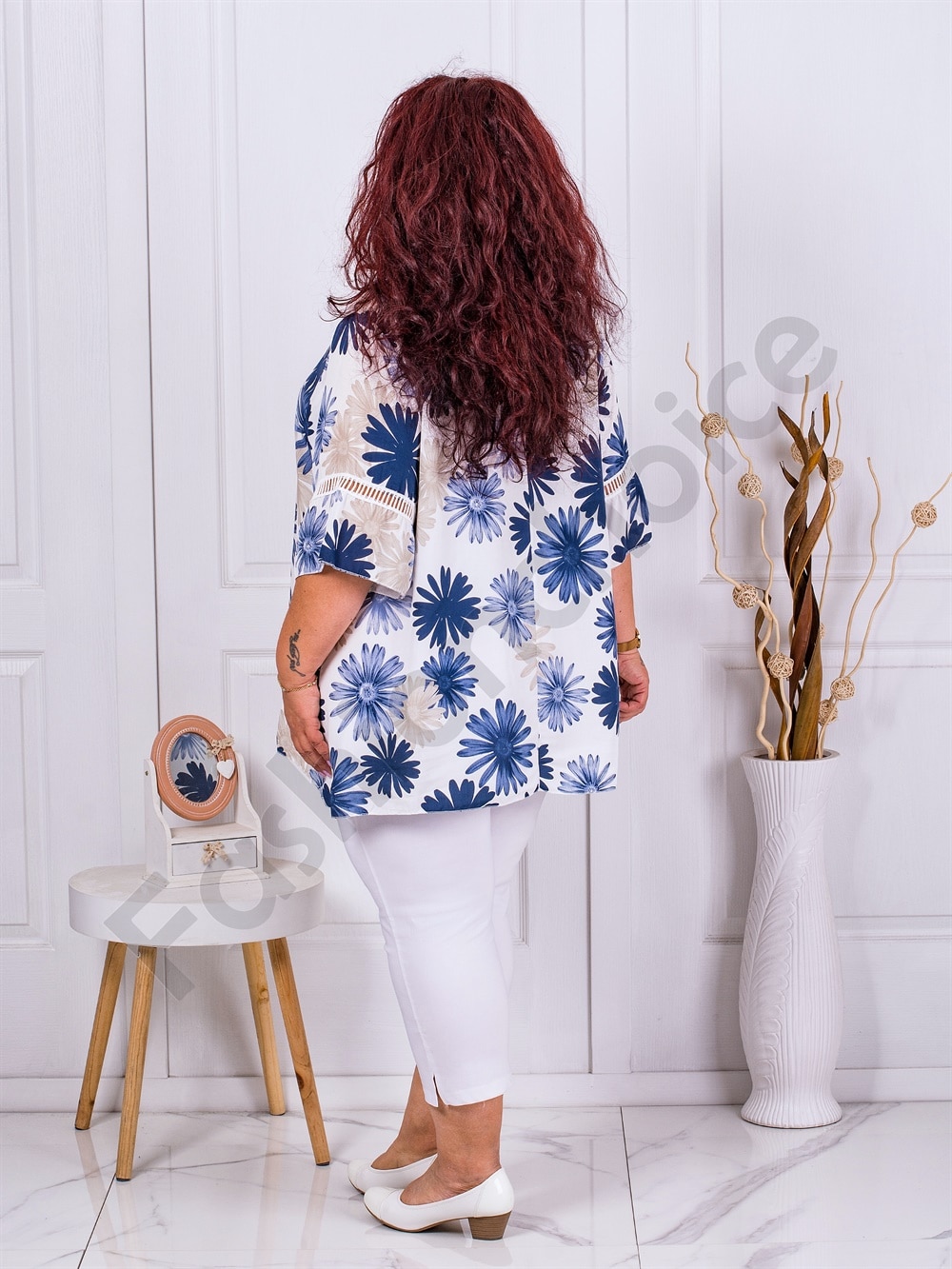 Tunica maxi cu model floral de crizanteme-albastru inchis cod 2907-2