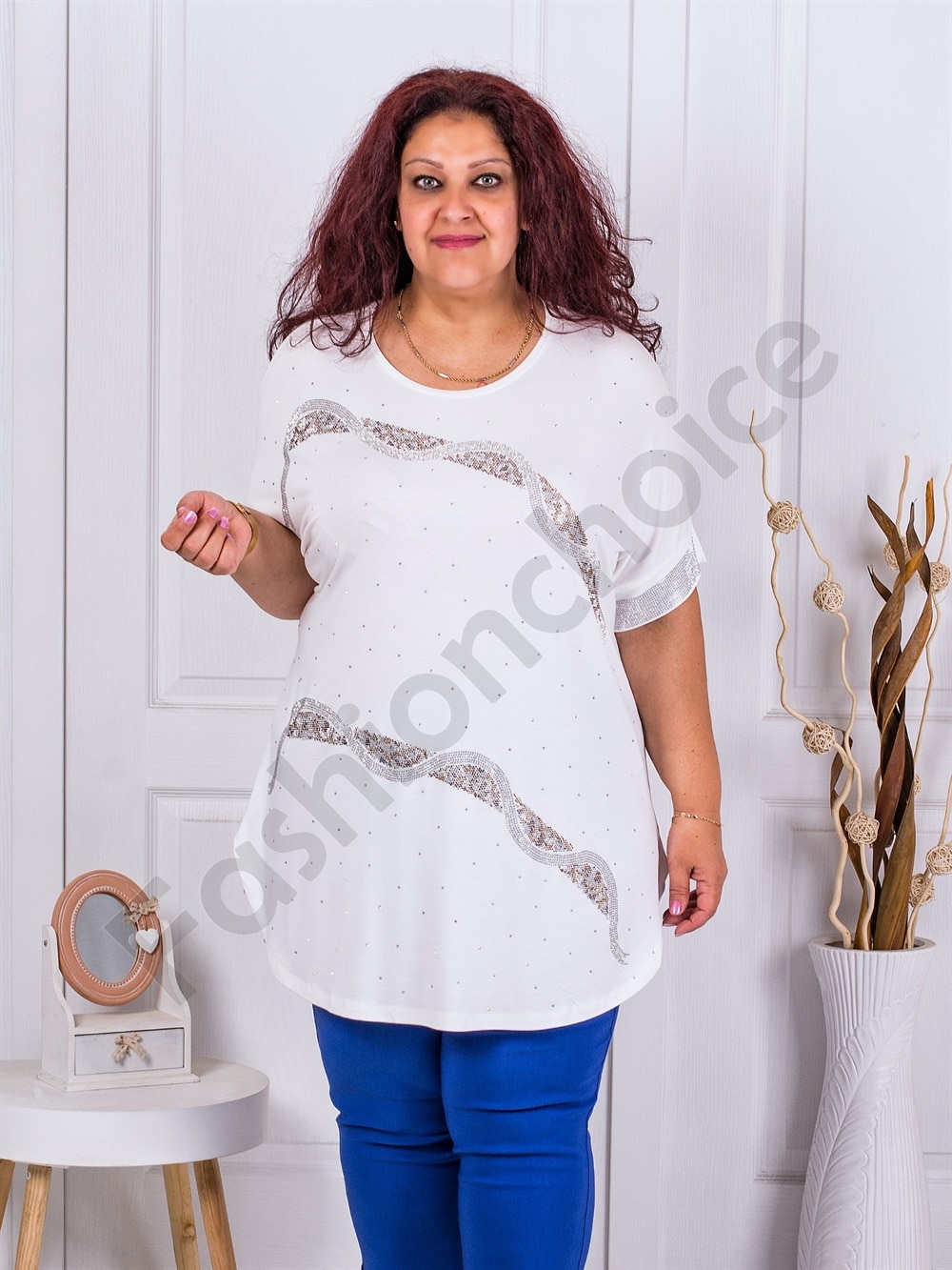 Tunica maxi decorata cu pietricele discrete-alb cod 7361-1
