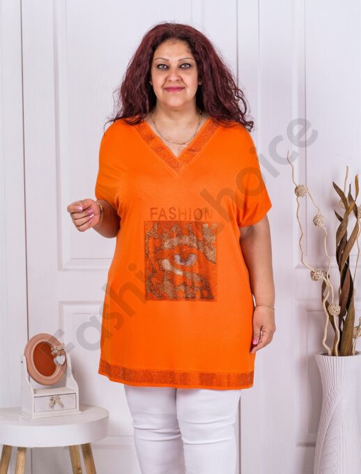 Tunica maxi cu decolteu in forma V si inscris Fashion-orange cod 7500-5