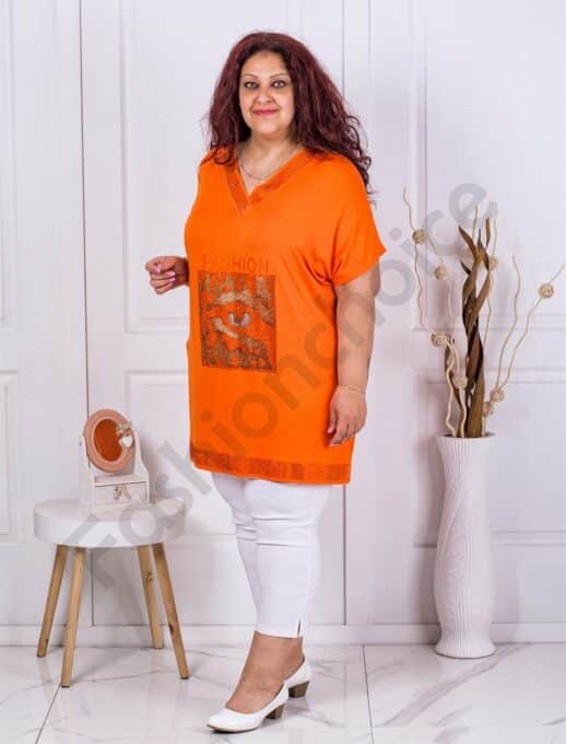 Tunica maxi cu decolteu in forma V si inscris Fashion-orange cod 7500-5