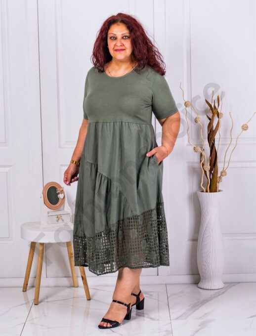 Rochie maxi in cloj cu bordura din dantela-kaki cod 10045-2
