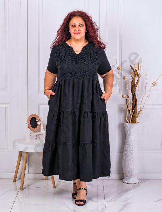 Rochie maxi cu volane si dantela elastica-negru cod 10127