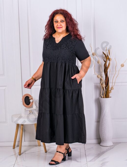 Rochie maxi cu volane si dantela elastica-negru cod 10127