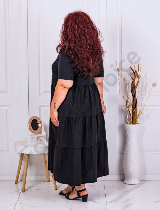 Rochie maxi cu volane si dantela elastica-negru cod 10127