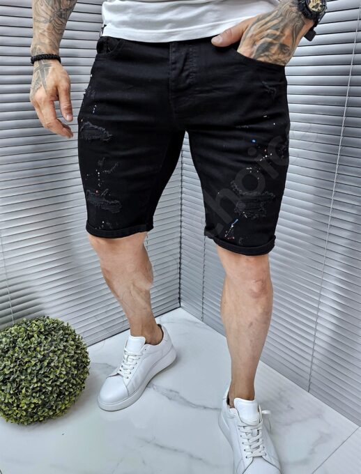 Blugi scurti cu efect stropit multicolor-negru cod 70200