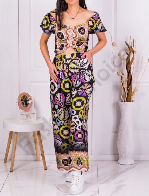 Set de vara top si pantalon lung cu imprimeu multicolor cod 1858
