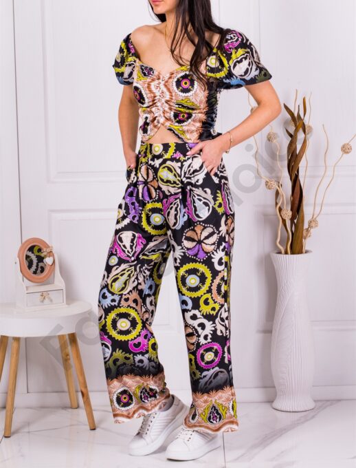 Set de vara top si pantalon lung cu imprimeu multicolor cod 1858