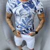 Tricou barbati cu print frunze albastri-alb cod 231013