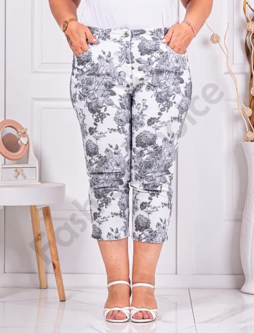 Pantalon maxi cu lungime 7/8 si imprimeu flori mari-alb/negru cod 231308