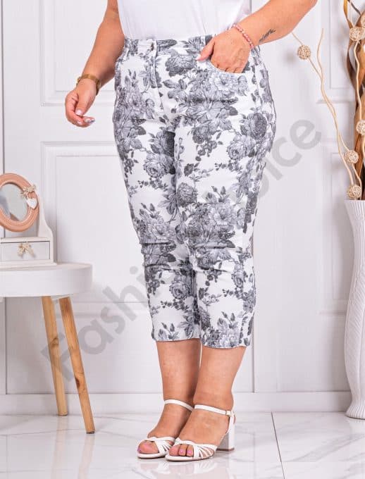 Pantalon maxi cu lungime 7/8 si imprimeu flori mari-alb/negru cod 231308