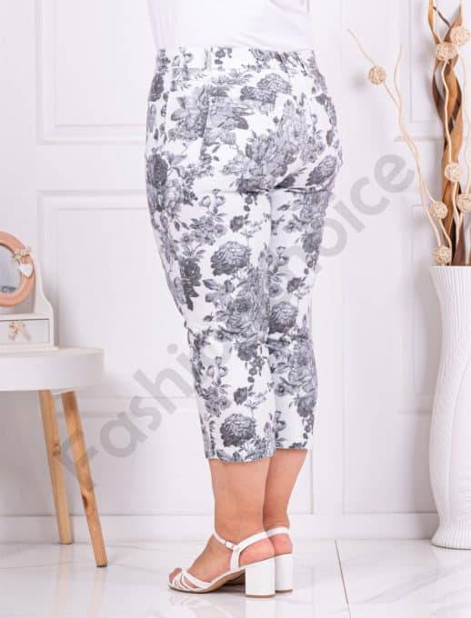 Pantalon maxi cu lungime 7/8 si imprimeu flori mari-alb/negru cod 231308