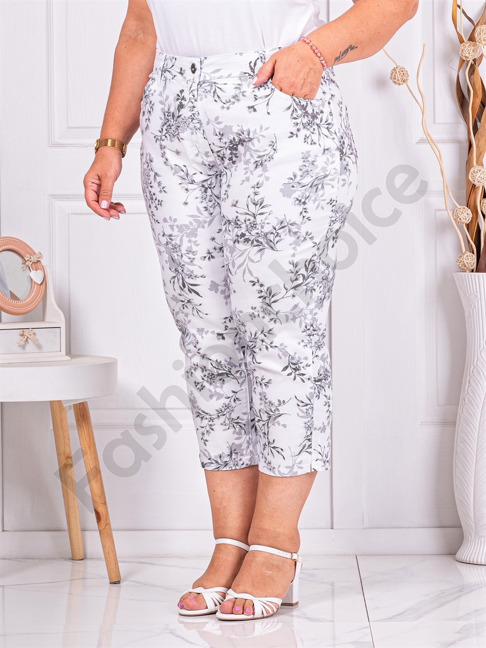 Pantalon maxi cu lungime 7/8 si imprimeu frunze cod 231308-3