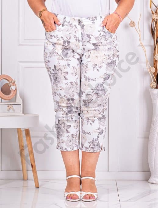 Pantalon maxi cu lungime 7/8 si imprimeu floral-alb/bej cod 231308-4