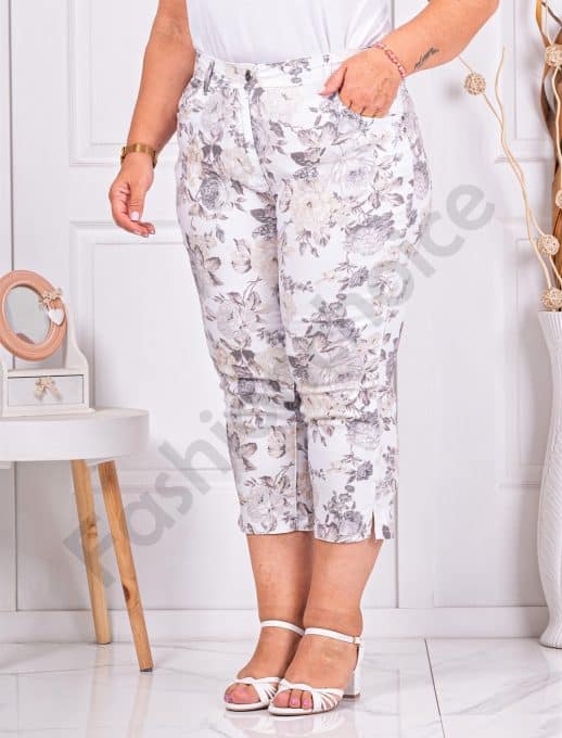 Pantalon maxi cu lungime 7/8 si imprimeu floral-alb/bej cod 231308-4