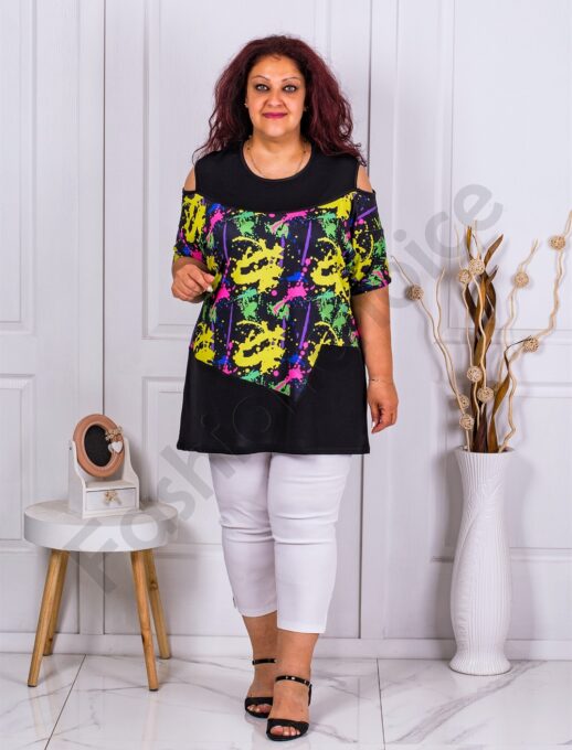 Tunica maxi cu umeri decupati si print neon cod 1368-1