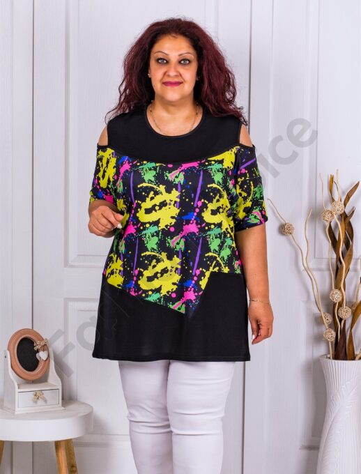 Tunica maxi cu umeri decupati si print neon cod 1368-1
