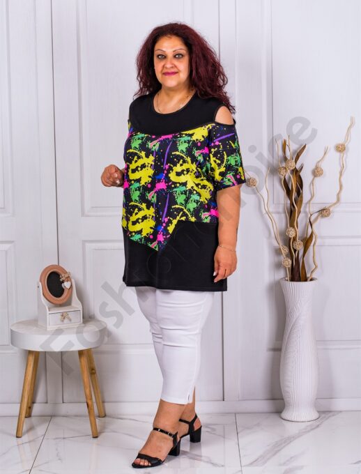 Tunica maxi cu umeri decupati si print neon cod 1368-1