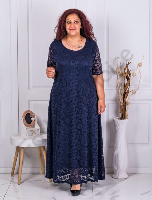 Rochie lunga din dantela elastica-albastru inchis cod 23229-4