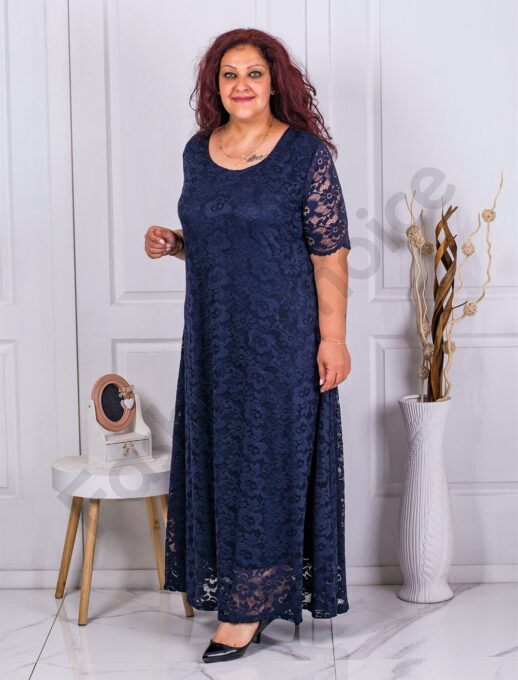 Rochie lunga din dantela elastica-albastru inchis cod 23229-4