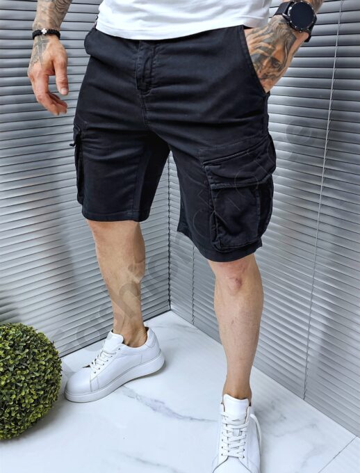 Pantalon scurt cu buzunare cargo in parti-negru cod 612