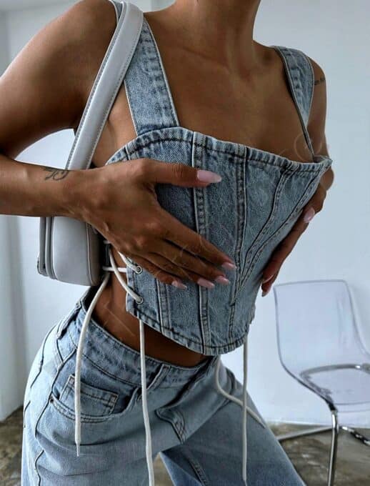 Top scurt din denim cu snur cod 1123