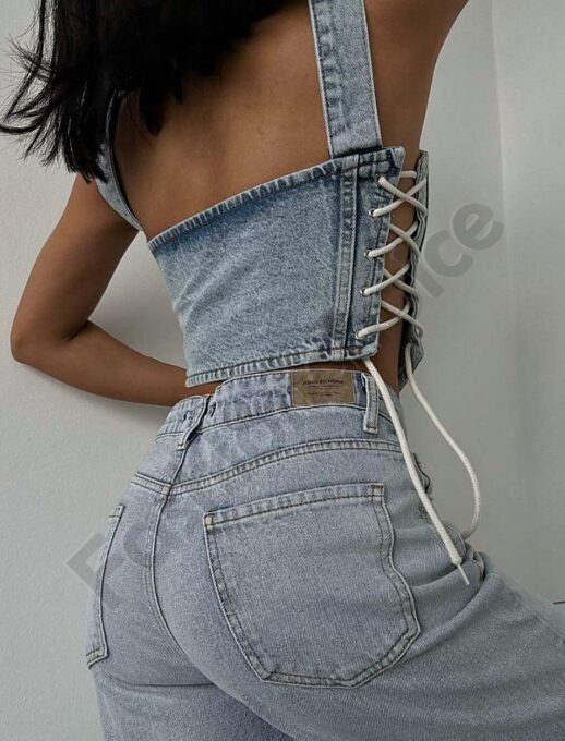 Top scurt din denim cu snur cod 1123