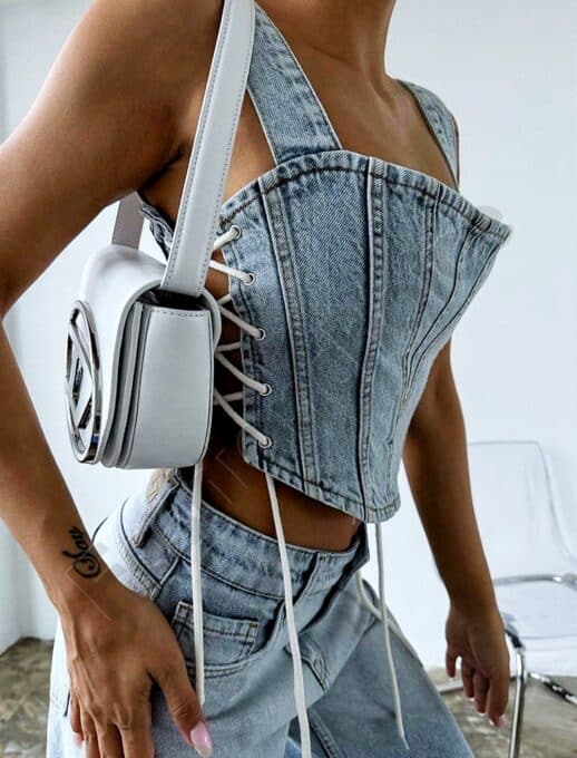 Top scurt din denim cu snur cod 1123
