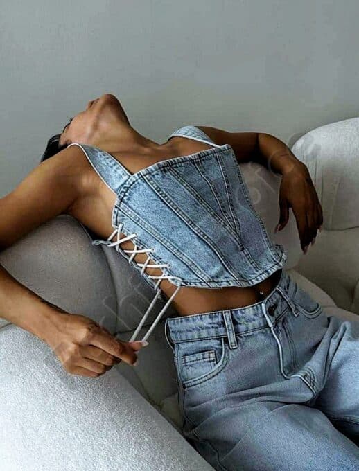 Top scurt din denim cu snur cod 1123