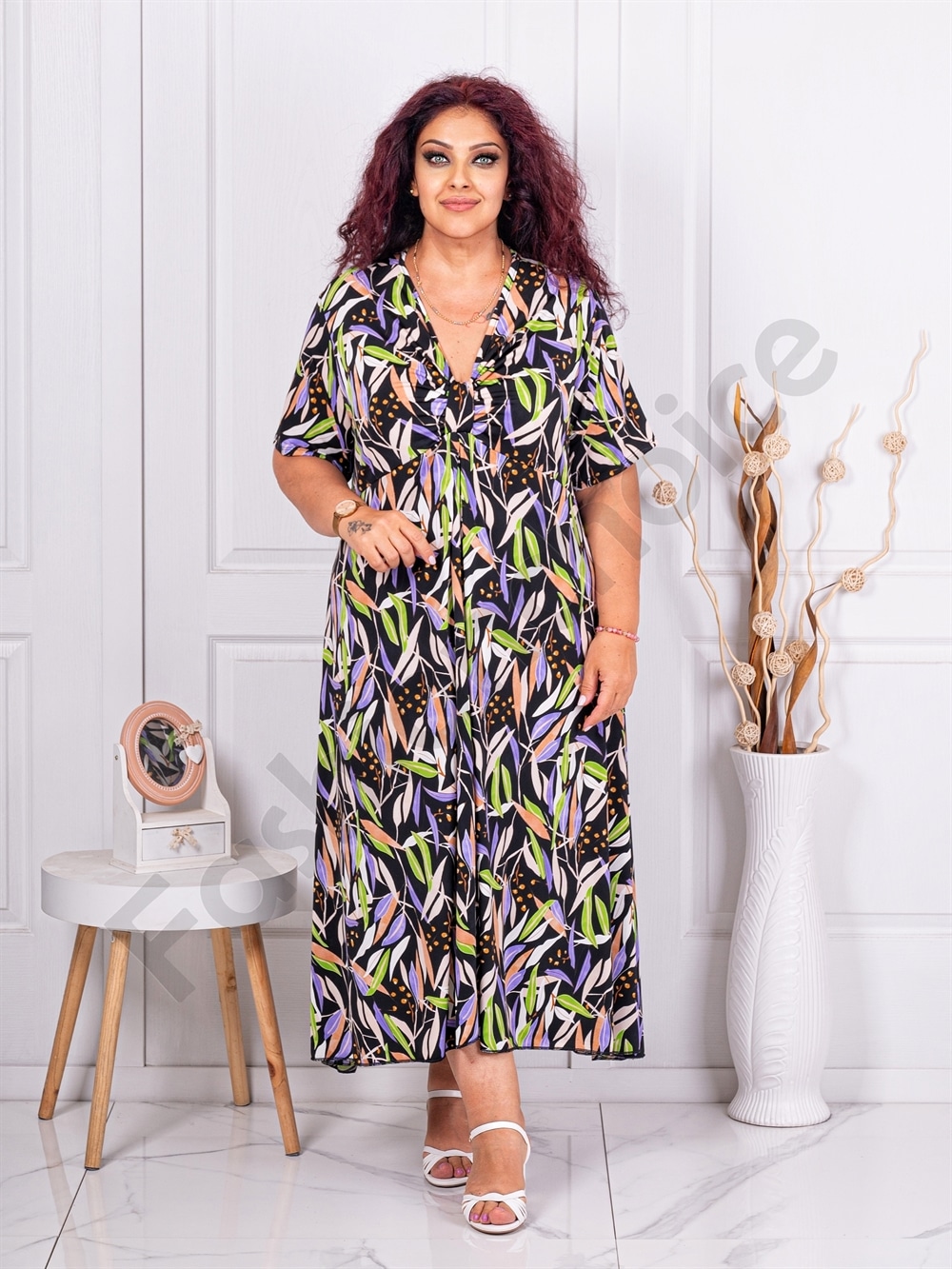 Rochie maxi cu decolteu in forma V si frunze multicolor cod 63751-10