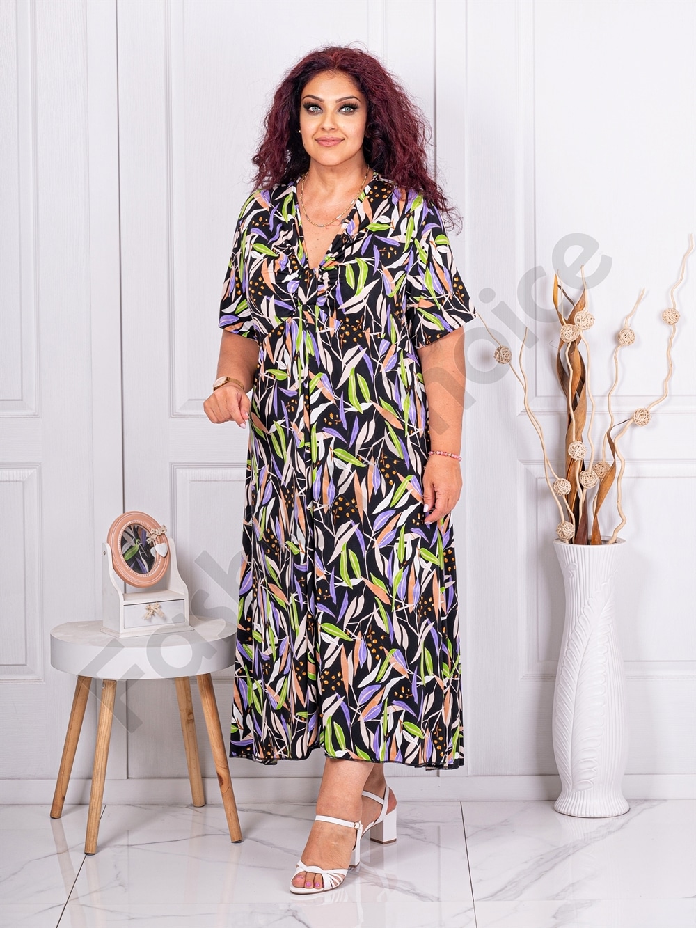 Rochie maxi cu decolteu in forma V si frunze multicolor cod 63751-10