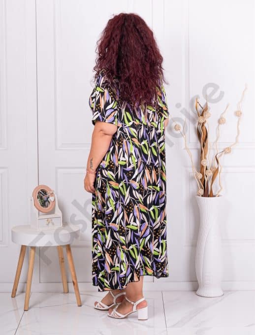 Rochie maxi cu decolteu in forma V si frunze multicolor cod 63751-10