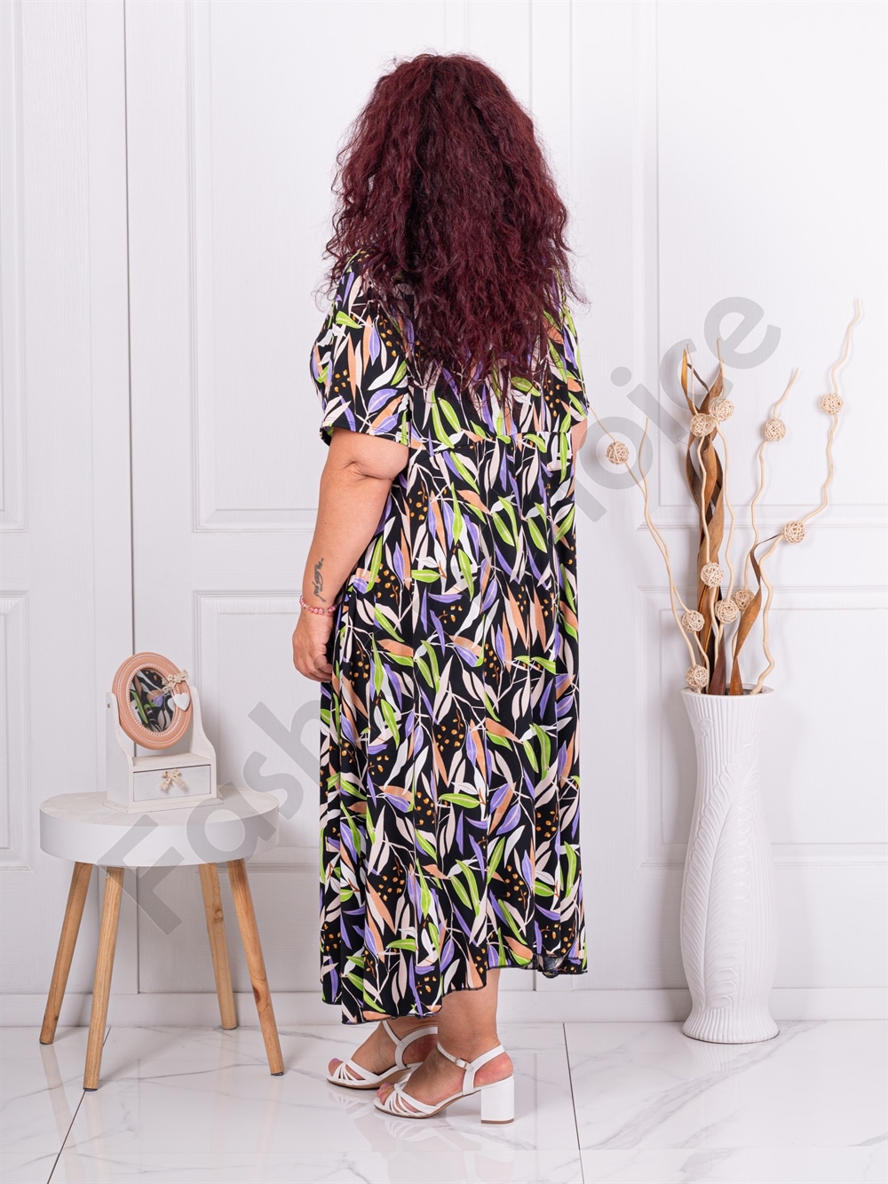 Rochie maxi cu decolteu in forma V si frunze multicolor cod 63751-10